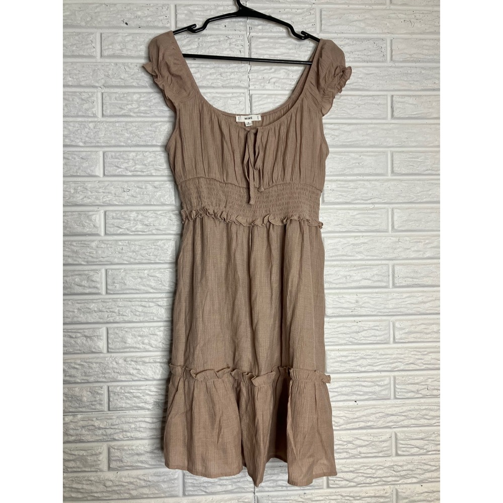 MINE Mini Dress Womens Small Tan Excellent Smocked Waist Ruffle Tiered Boho